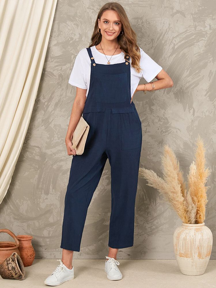 Solid Pocket Ærmeløs Knap Casual Jumpsuit Til Kvinder