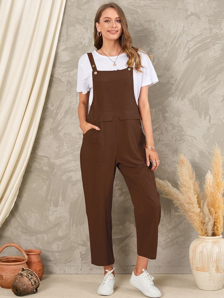 Solid Pocket Ærmeløs Knap Casual Jumpsuit Til Kvinder