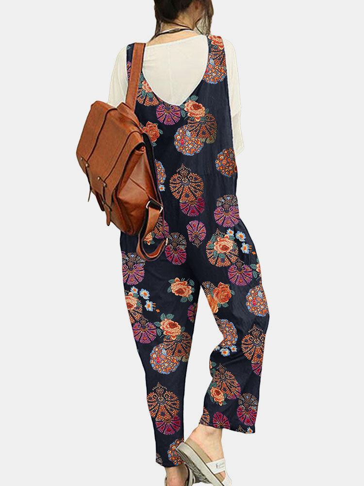 Tribal Flower Print Jumpsuit Med Brede Ben Til Kvinder