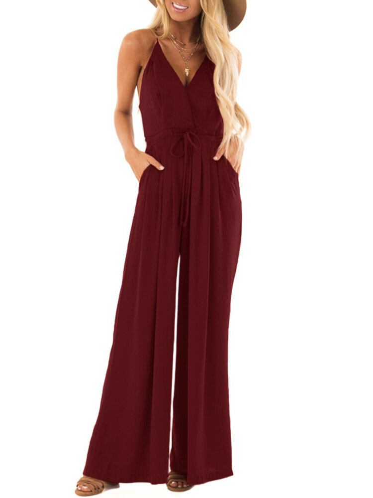 V-hals Camisole Solid Elegant Jumpsuits