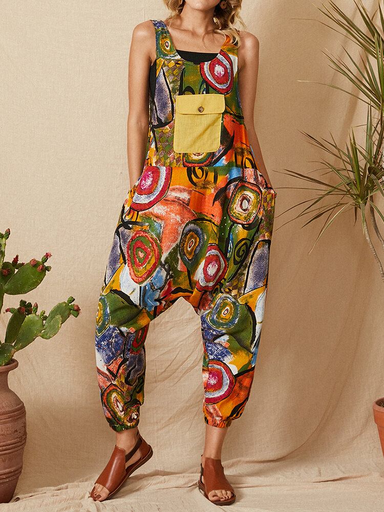 Vintage Graffiti Print Patchwork Strap Ærmeløs Pocket Jumpsuit