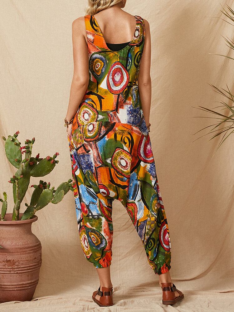 Vintage Graffiti Print Patchwork Strap Ærmeløs Pocket Jumpsuit