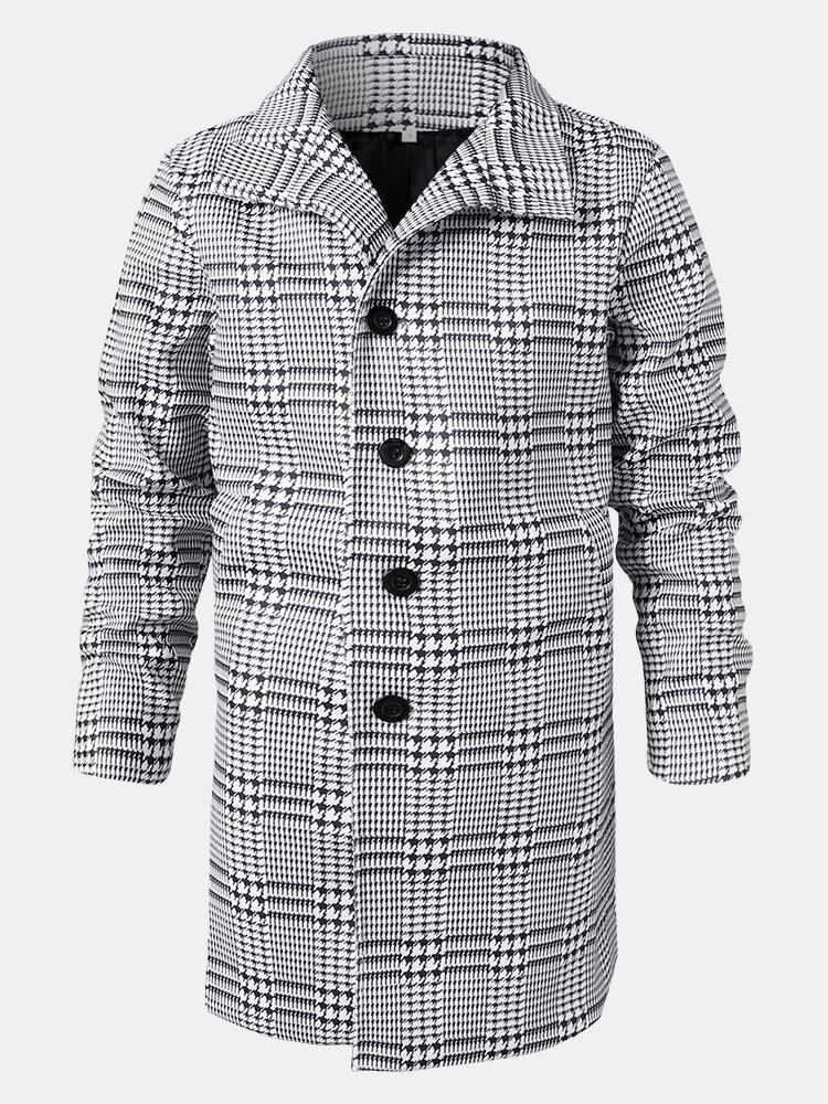 Houndstooth Revers Til Mænd Enkeltradede Mellemlange Trenchcoats