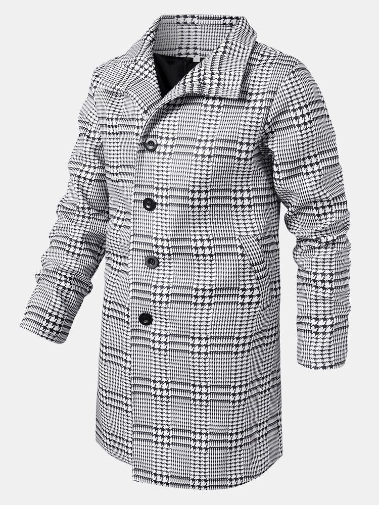 Houndstooth Revers Til Mænd Enkeltradede Mellemlange Trenchcoats