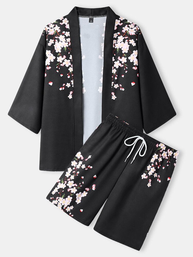 Blomstertryk Til Mænd Med Åben Front Kimono Løse Two Pieces Outfits