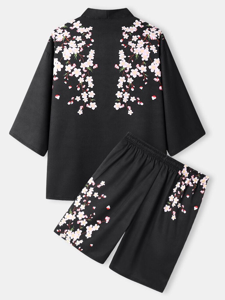 Blomstertryk Til Mænd Med Åben Front Kimono Løse Two Pieces Outfits