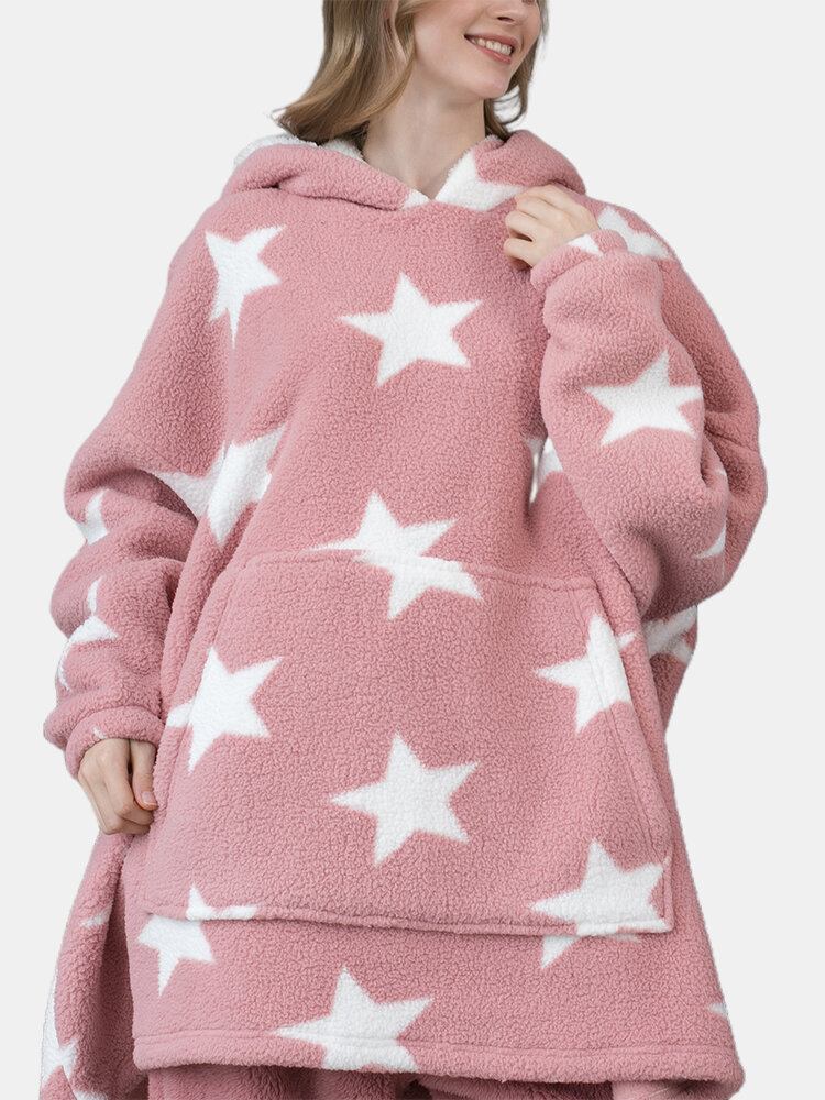 Dame Allover Stars Thicken Warm Fleece Løst Hjemmetæppe Hættetrøje Med Kængurulomme