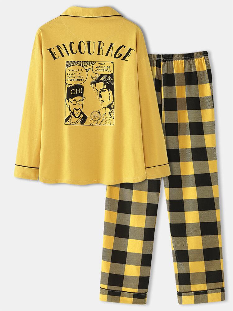 Dame Anime Print Langærmet Skjorte Plaid Elastisk Talje Hjemmepyjamassæt