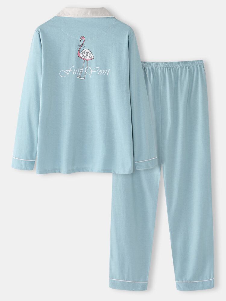 Dame Bomuld Flamingo Mønster Solid Langærmet Knap Todelt Plus Size Home Pyjamas Sæt