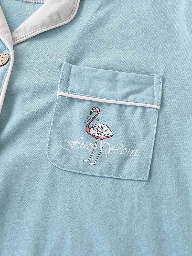 Dame Bomuld Flamingo Mønster Solid Langærmet Knap Todelt Plus Size Home Pyjamas Sæt