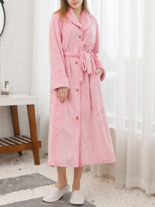 Dame Flannel Fleece Ensfarvet Knap Med Bælte Foran Revers Casual Home Tykke Robes