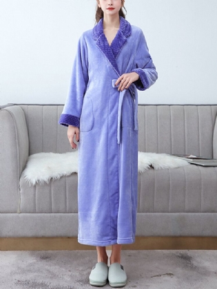 Dame Flannel Lange Ærmer Sashes Home Casual Robes Med Lomme