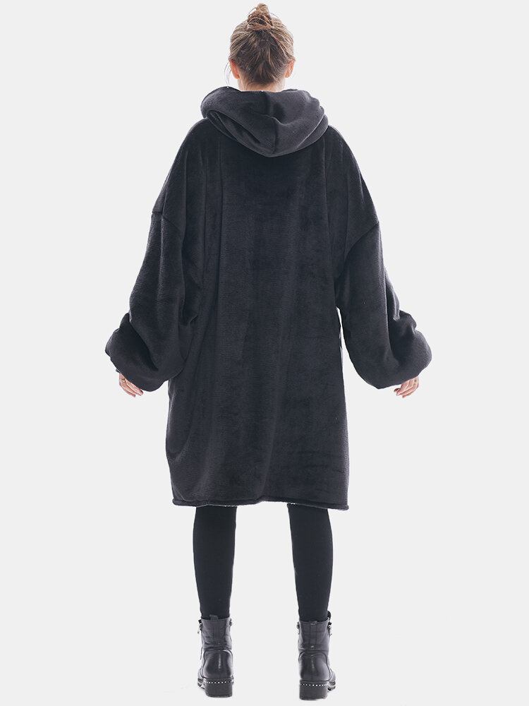 Dame Flannel Oversized Fleeceforet Tæppe Hættetrøje Med Kængurulomme