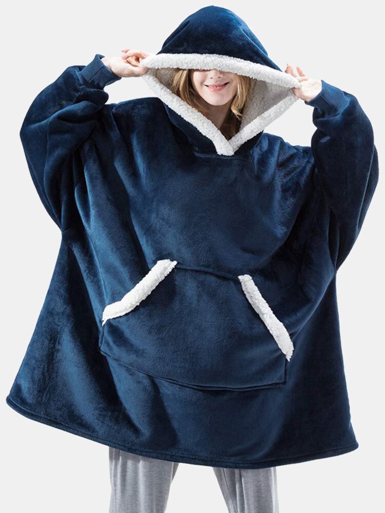 Dame Flannel Oversized Tæppe Hættetrøjer Tykke Varmt Nattøj Robes Med Lomme