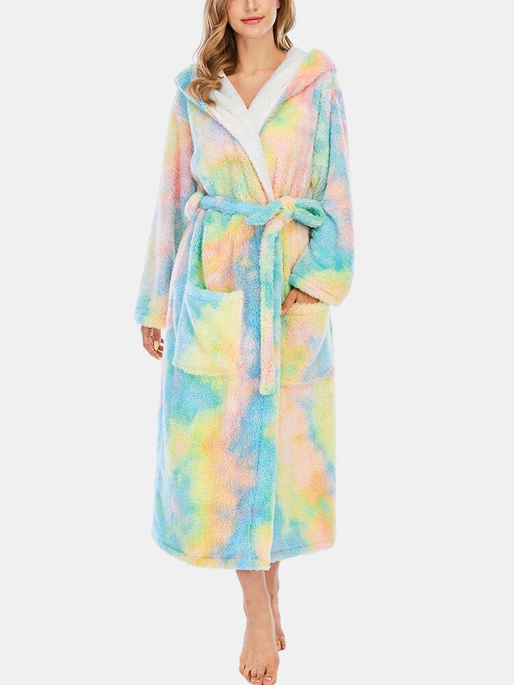 Dame Fleece Tie Dye Dobbeltlomme Langærmet Nattøj Med Hætte Til Hjemmebrug