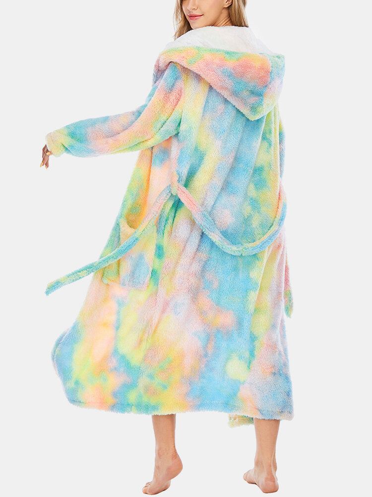 Dame Fleece Tie Dye Dobbeltlomme Langærmet Nattøj Med Hætte Til Hjemmebrug