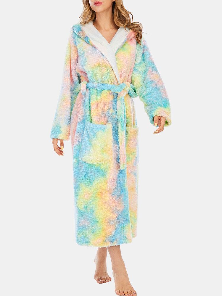 Dame Fleece Tie Dye Dobbeltlomme Langærmet Nattøj Med Hætte Til Hjemmebrug