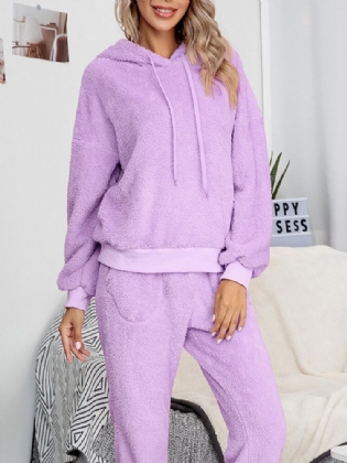 Dame Fleece Tyk Ensfarvet Pullover Hættetrøje Joggerbukser Hjemme Casual Pyjamas Sæt