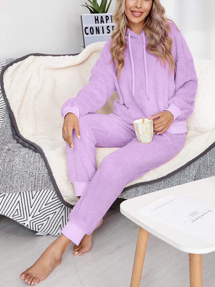 Dame Fleece Tyk Ensfarvet Pullover Hættetrøje Joggerbukser Hjemme Casual Pyjamas Sæt