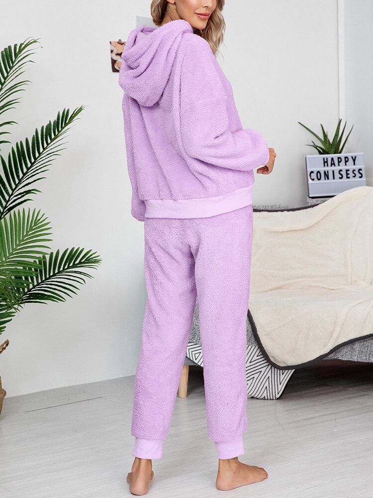 Dame Fleece Tyk Ensfarvet Pullover Hættetrøje Joggerbukser Hjemme Casual Pyjamas Sæt