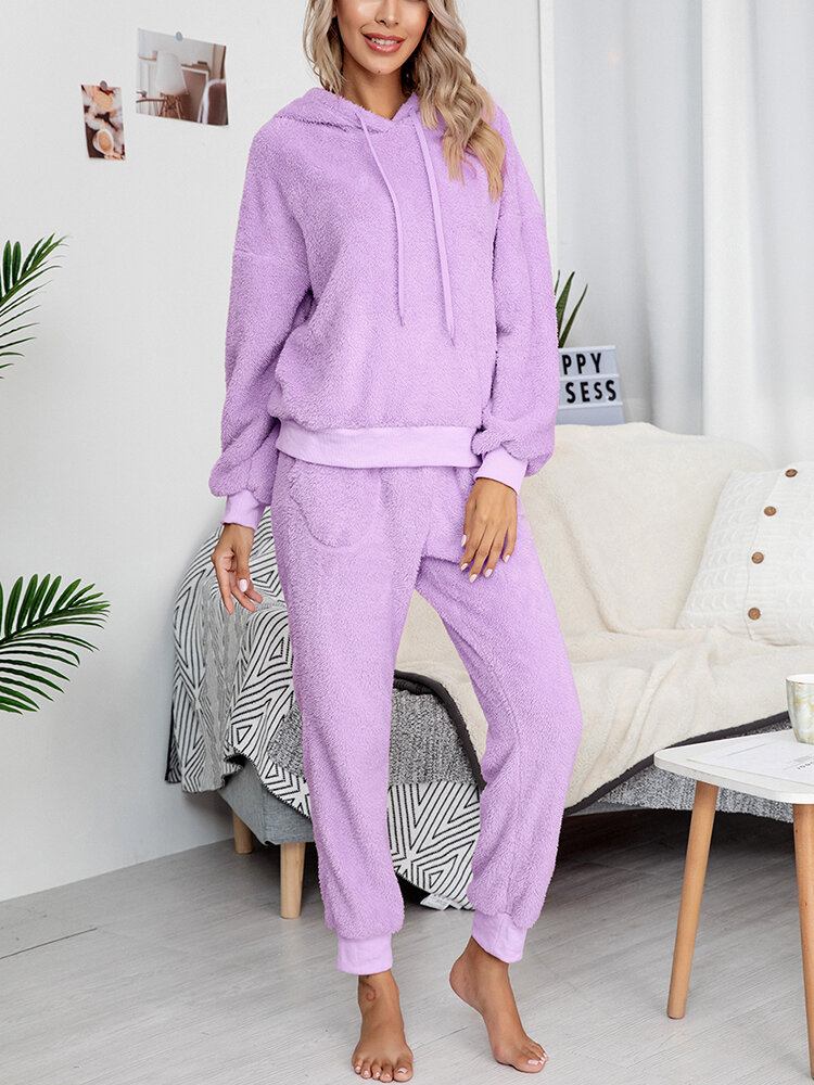 Dame Fleece Tyk Ensfarvet Pullover Hættetrøje Joggerbukser Hjemme Casual Pyjamas Sæt