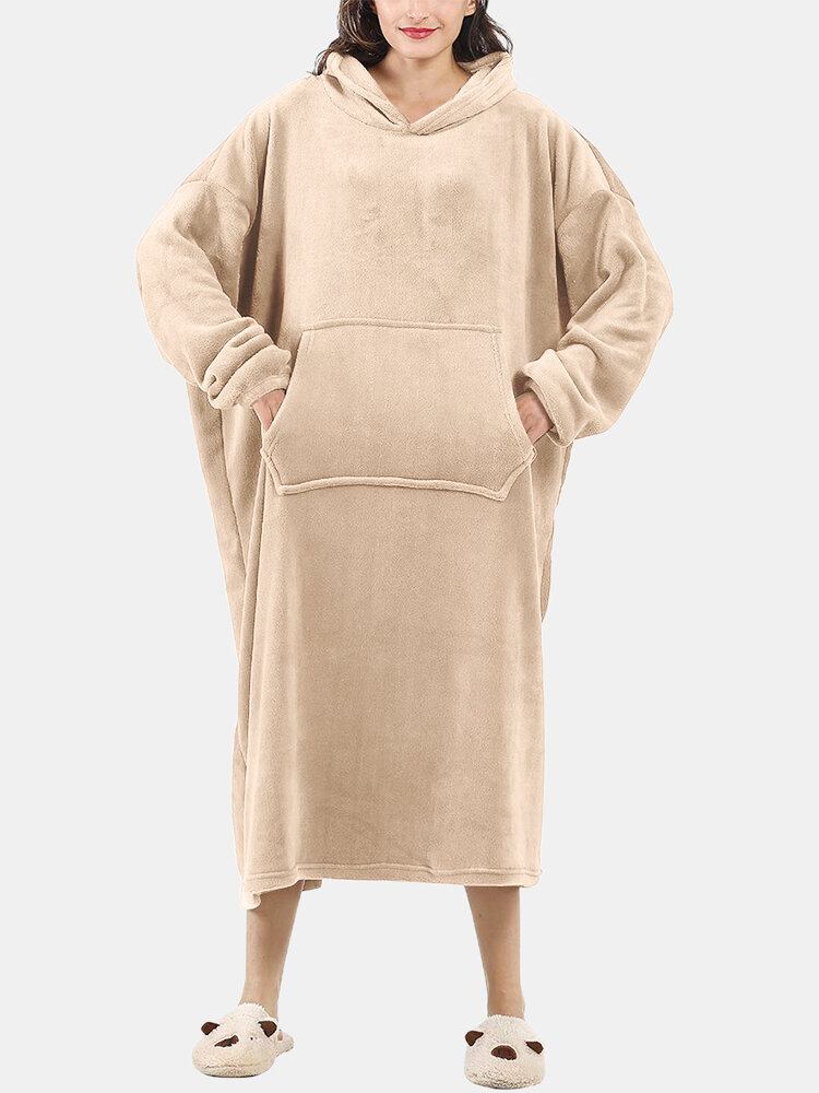 Dame Fluffy Flanell Varmt Bærbart Tæppe Hjem Oversized Lang Hættetrøje Med Kængurulomme