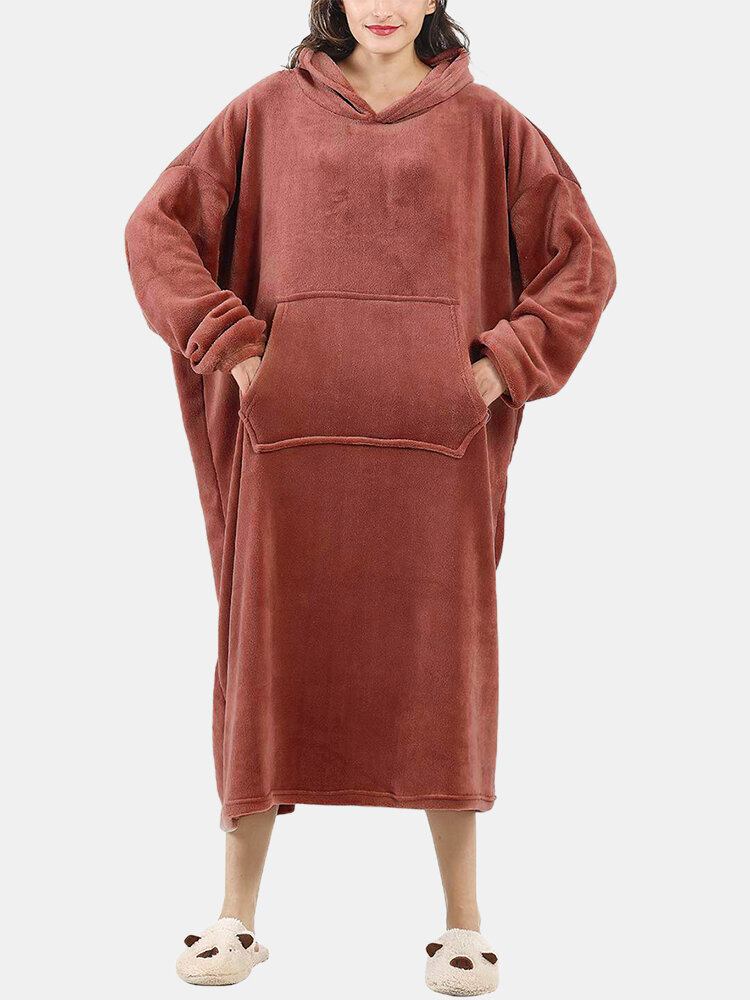 Dame Fluffy Flanell Varmt Bærbart Tæppe Hjem Oversized Lang Hættetrøje Med Kængurulomme