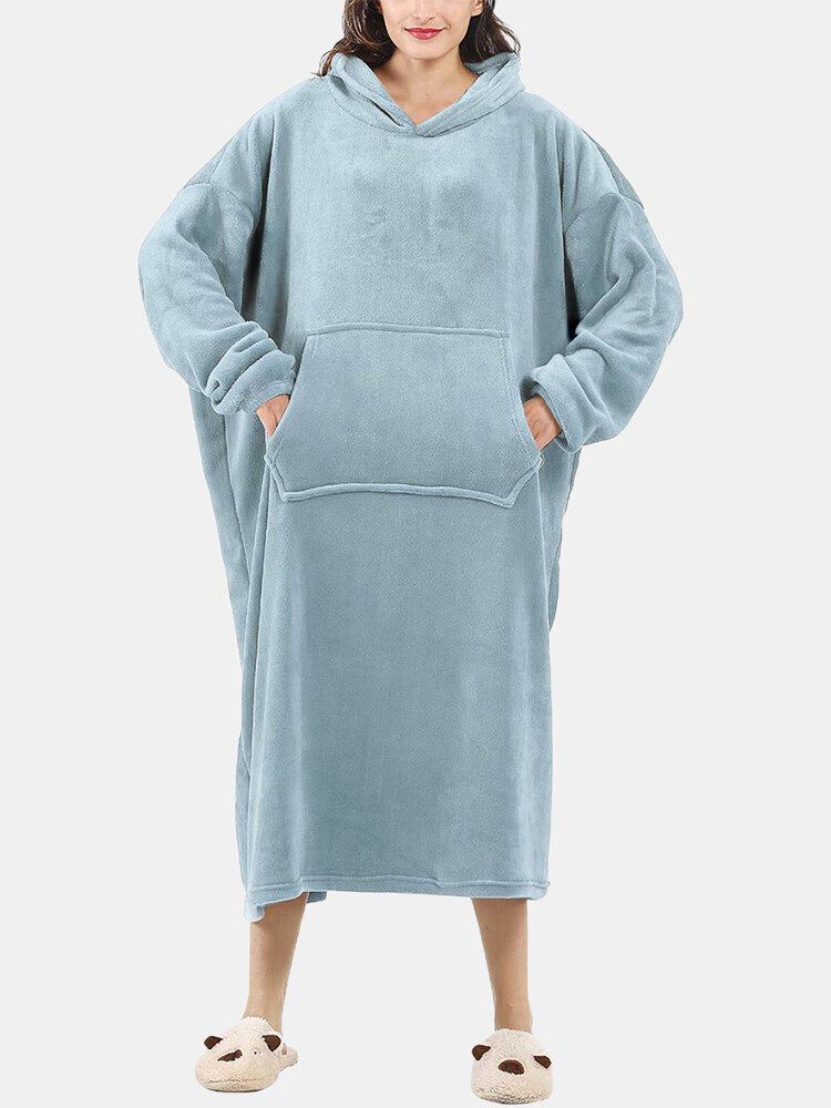 Dame Fluffy Flanell Varmt Bærbart Tæppe Hjem Oversized Lang Hættetrøje Med Kængurulomme