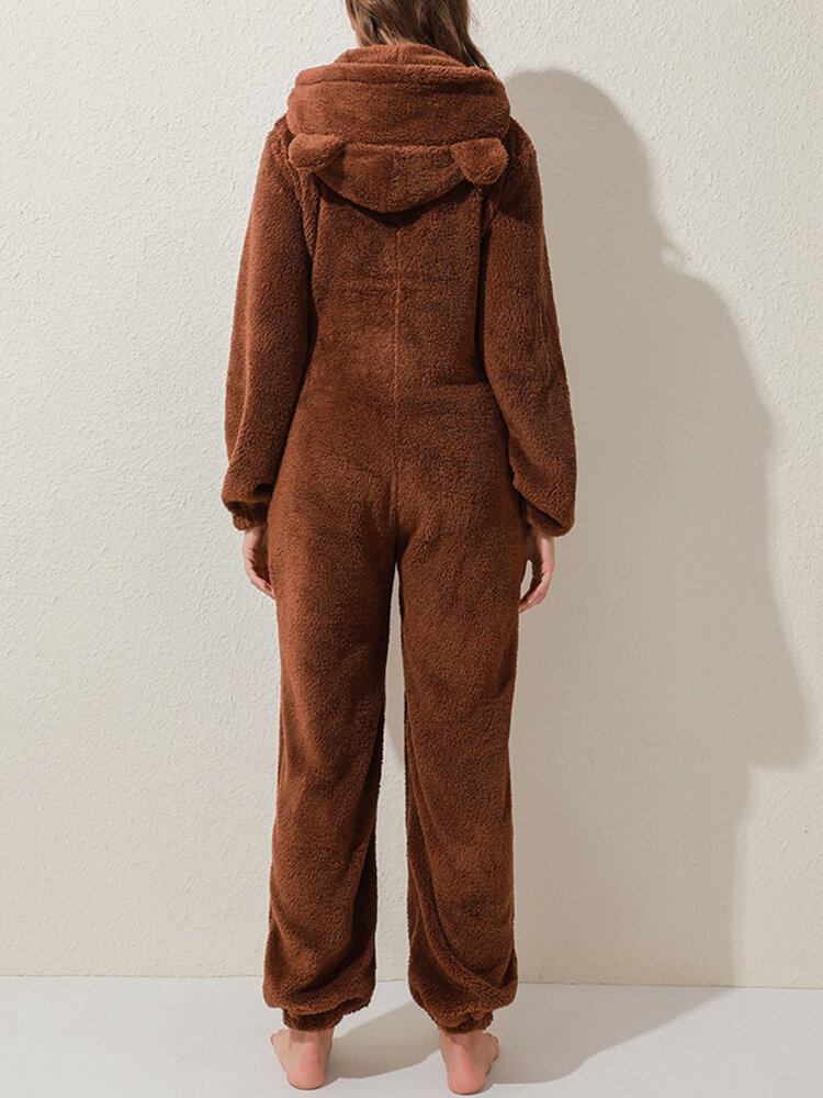 Dame Fluffy Plys Lynlås Sød Hætte Hjem Langærmet Varm Nattøj Jumpsuits