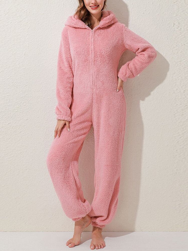 Dame Fluffy Plys Lynlås Sød Hætte Hjem Langærmet Varm Nattøj Jumpsuits