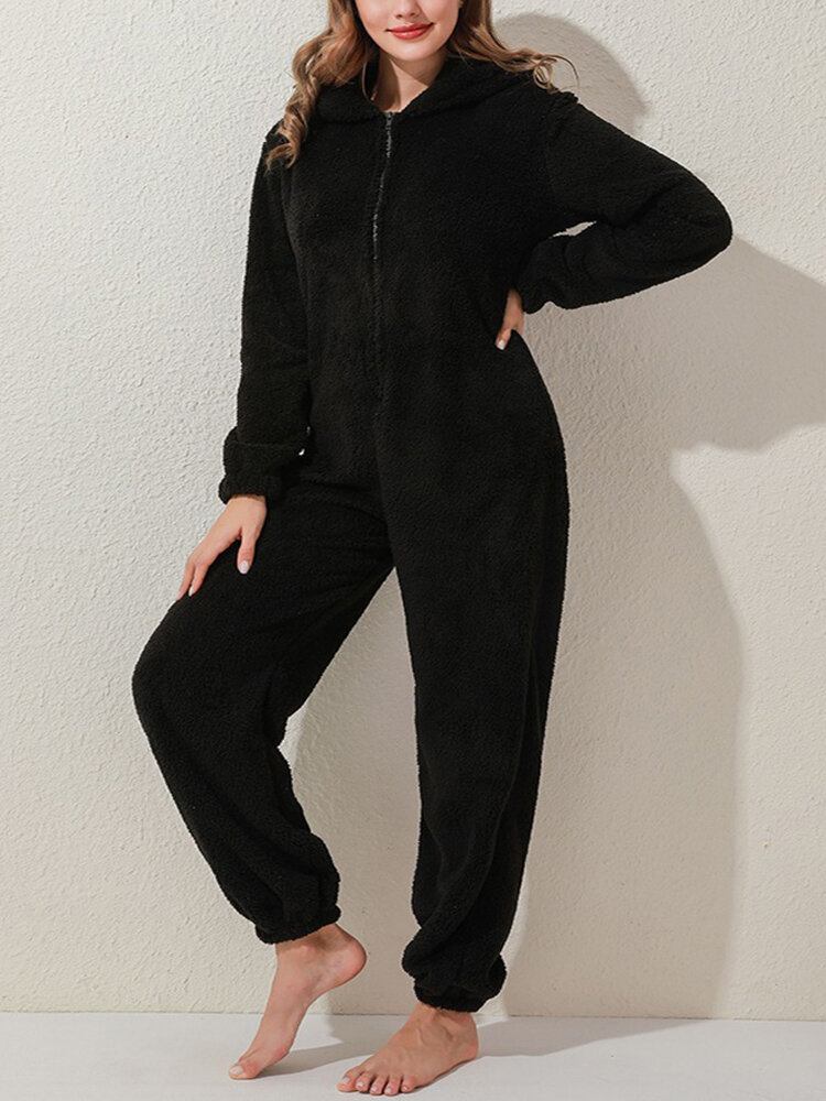 Dame Fluffy Plys Lynlås Sød Hætte Hjemme Langærmet Varm Nattøj Jumpsuits