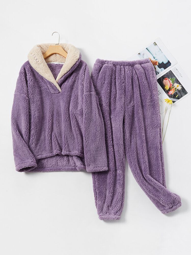 Dame Fluffy Plys Tykt Lapel Høj Lav Hem Loungewear Varm Pyjamas Sæt