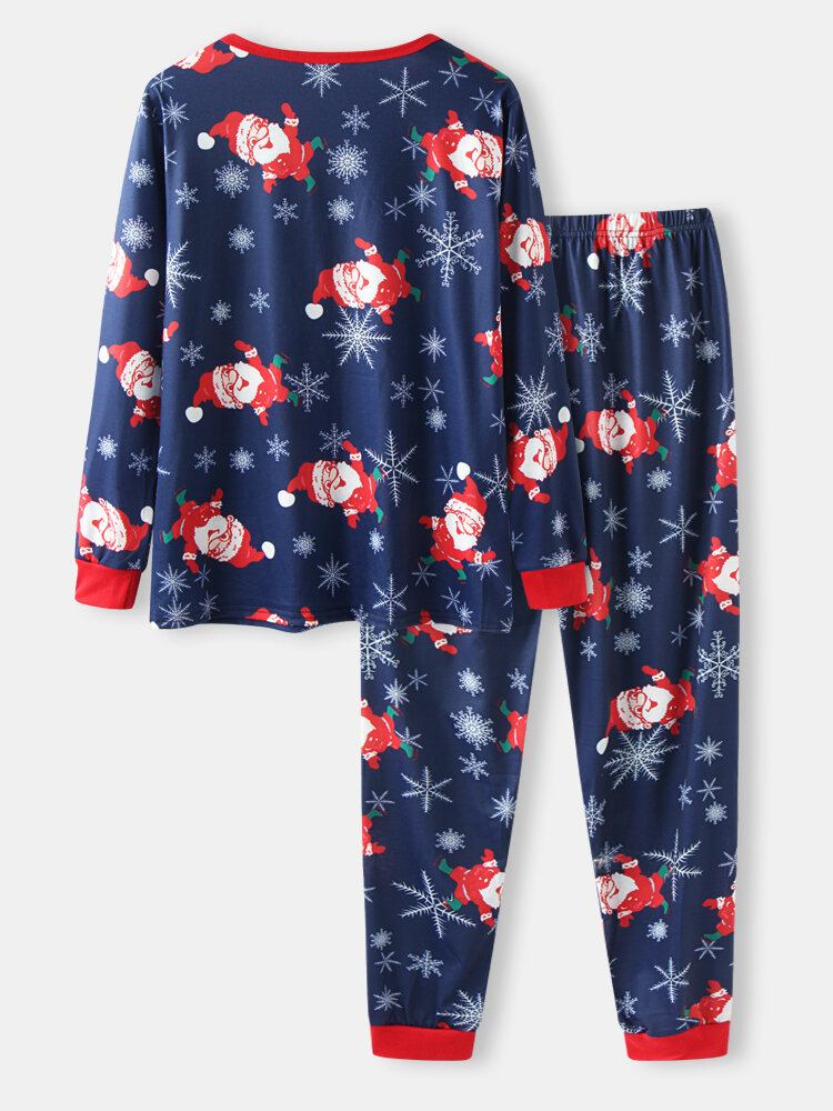 Dame Julemand Print Langærmet Pullover Løs Elastiske Taljebukser Julepyjamassæt