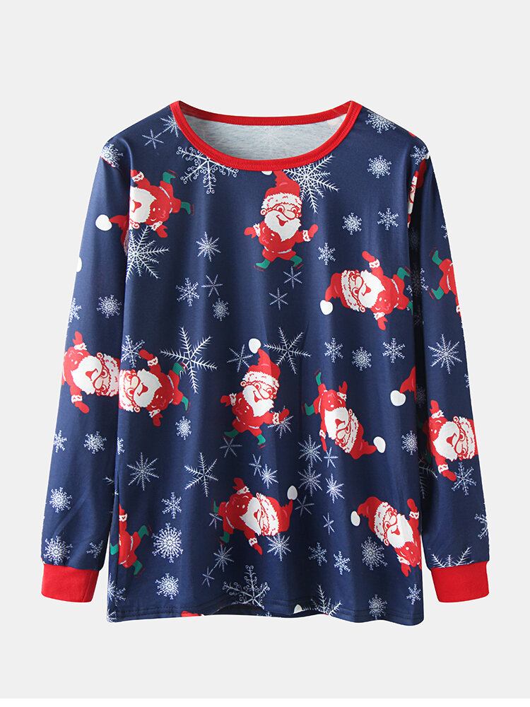 Dame Julemand Print Langærmet Pullover Løs Elastiske Taljebukser Julepyjamassæt