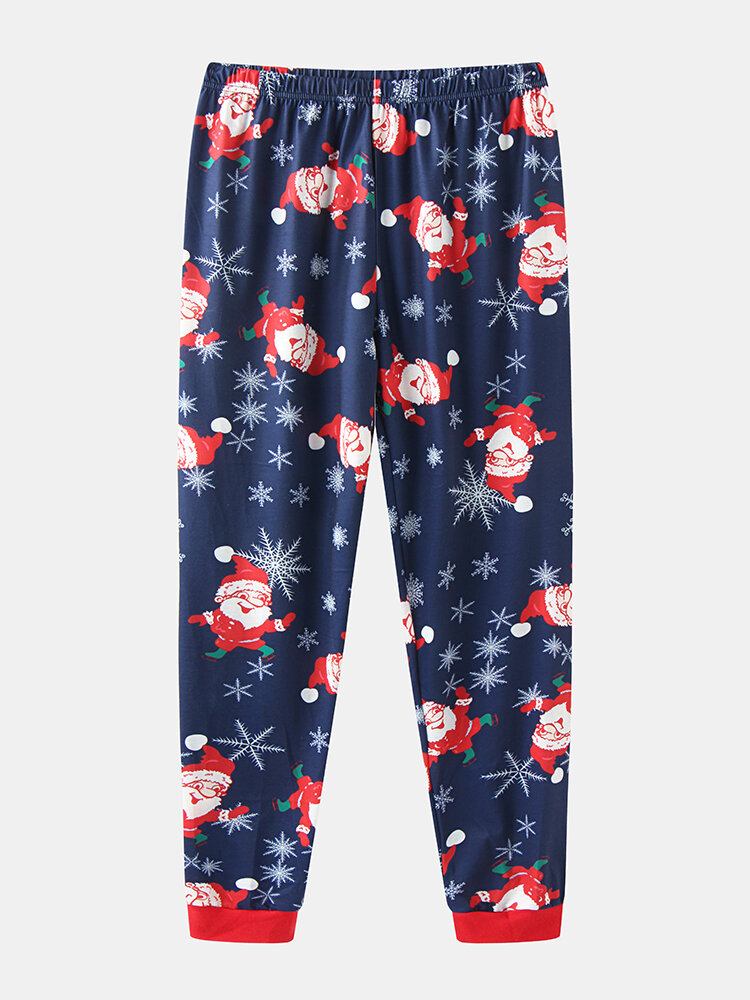 Dame Julemand Print Langærmet Pullover Løs Elastiske Taljebukser Julepyjamassæt