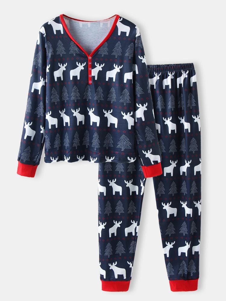 Dame Julestil Design Print V-hals Pullover Elastisk Talje Joggerbukser Todelt Hjemmepyjamassæt