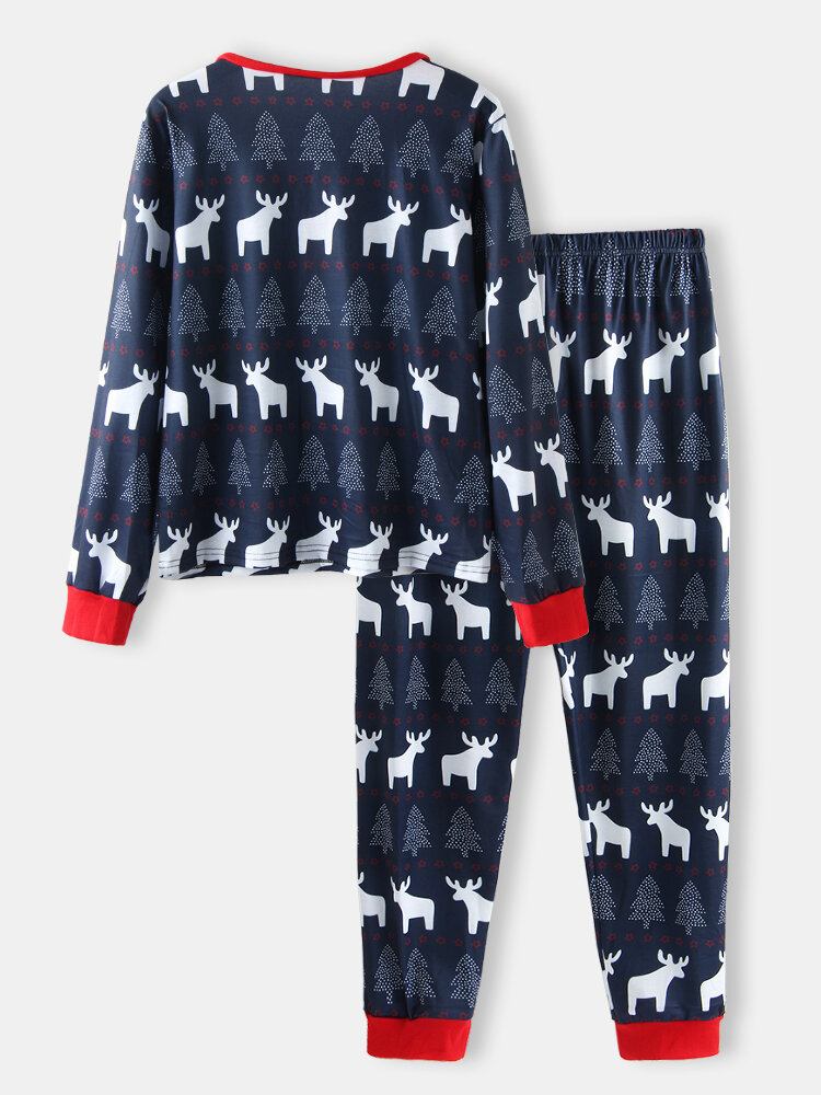 Dame Julestil Design Print V-hals Pullover Elastisk Talje Joggerbukser Todelt Hjemmepyjamassæt