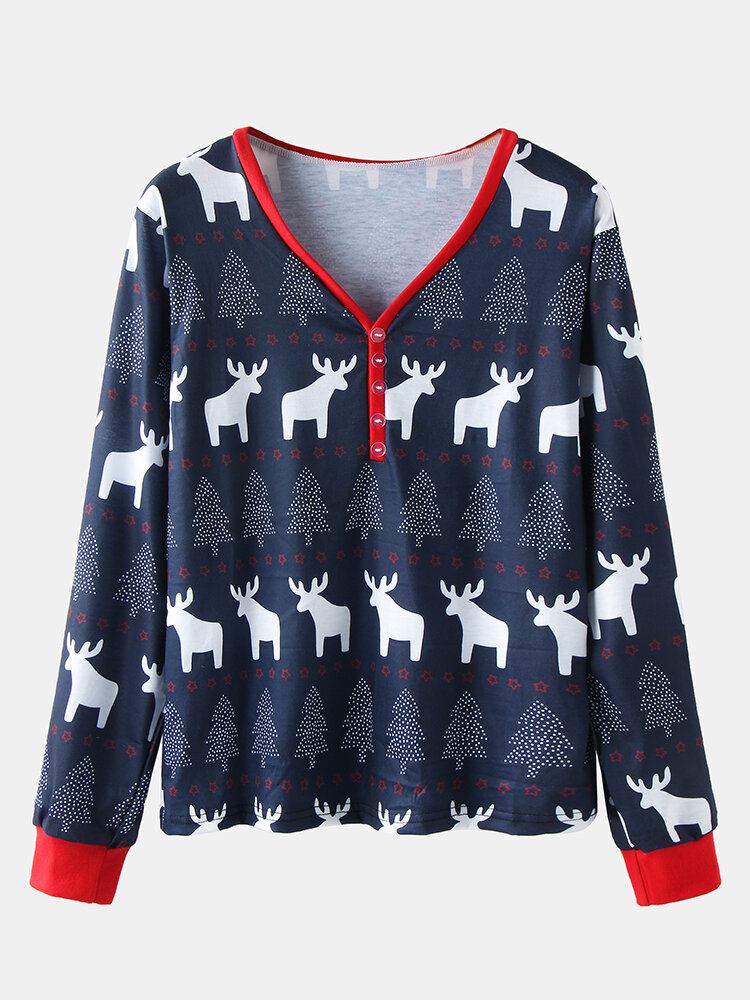 Dame Julestil Design Print V-hals Pullover Elastisk Talje Joggerbukser Todelt Hjemmepyjamassæt