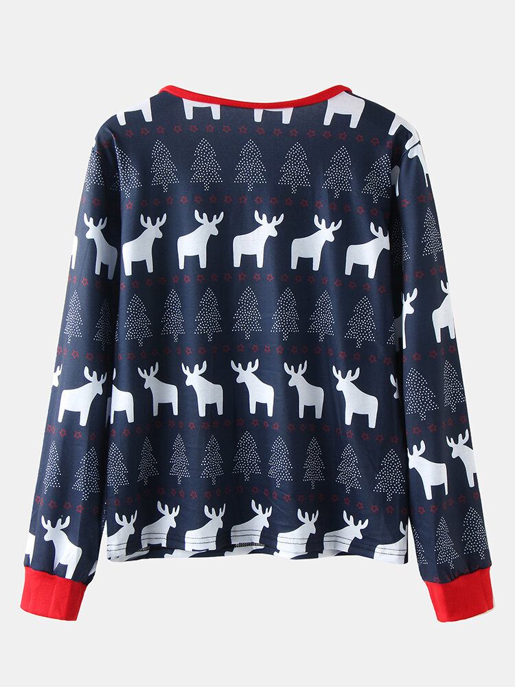 Dame Julestil Design Print V-hals Pullover Elastisk Talje Joggerbukser Todelt Hjemmepyjamassæt