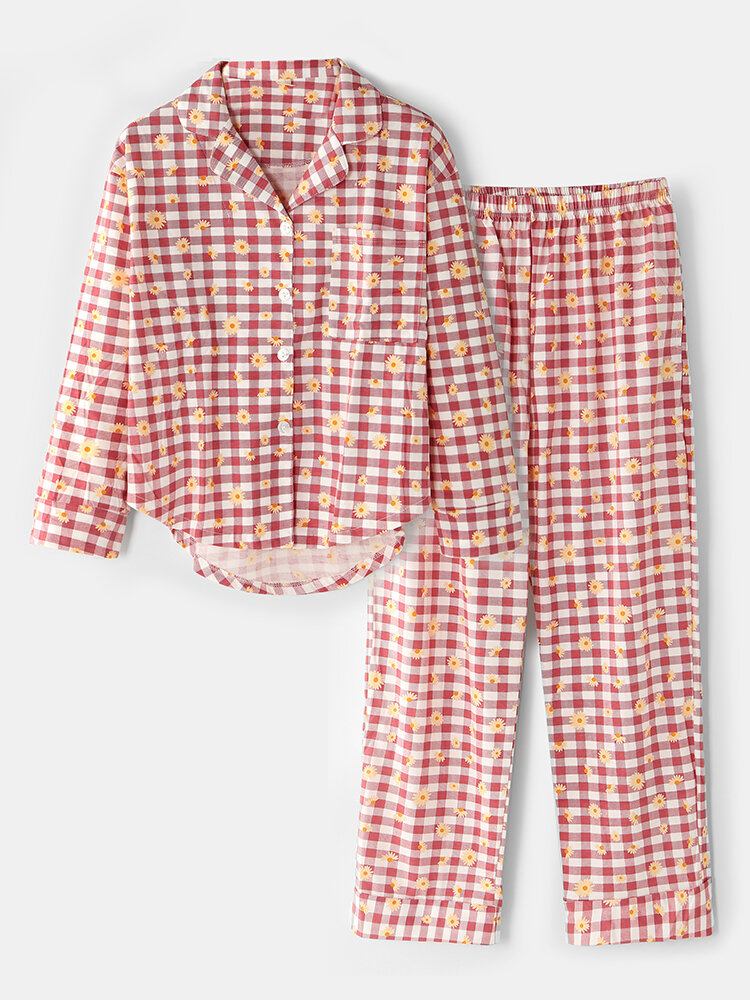 Dame Plaid Blomsterprint Revere Krave Skjorte Elastisk Talje Løs Lomme Bukser Pyjamas Sæt