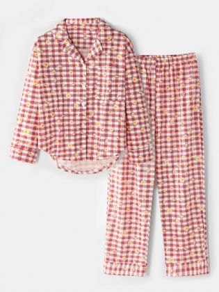 Dame Plaid Blomsterprint Revere Krave Skjorte Elastisk Talje Løs Lomme Bukser Pyjamas Sæt