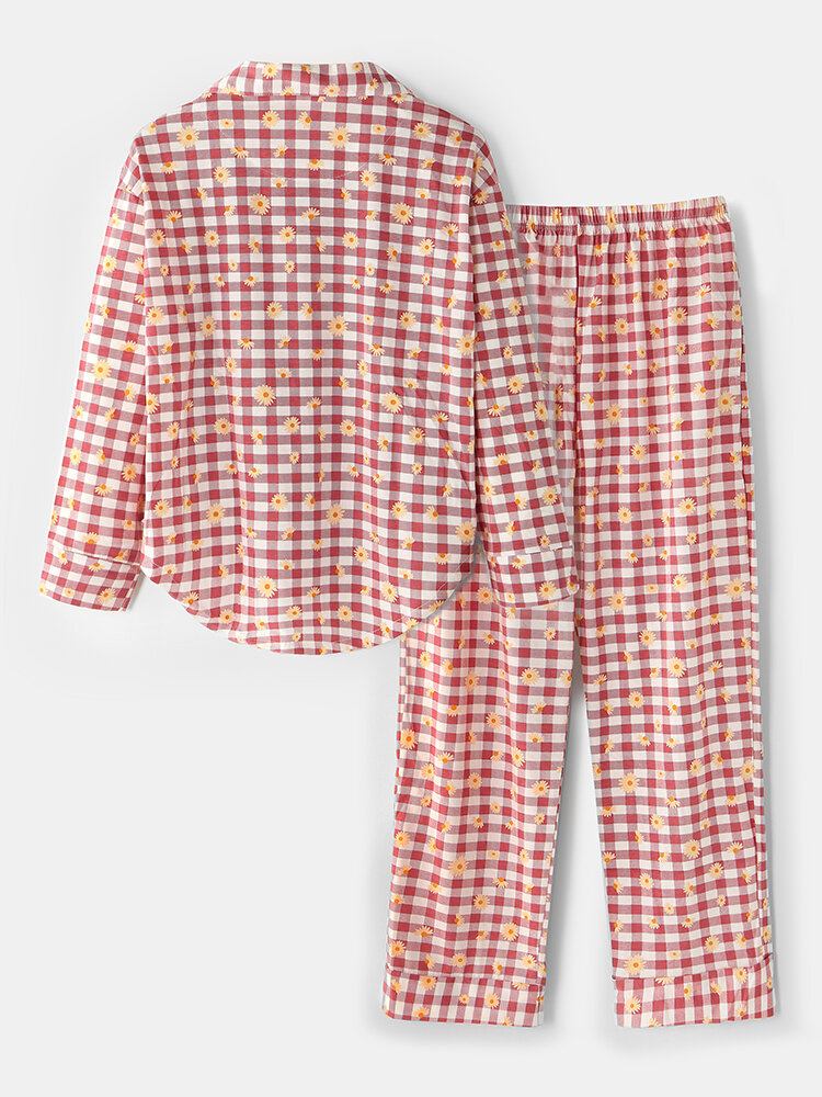 Dame Plaid Blomsterprint Revere Krave Skjorte Elastisk Talje Løs Lomme Bukser Pyjamas Sæt