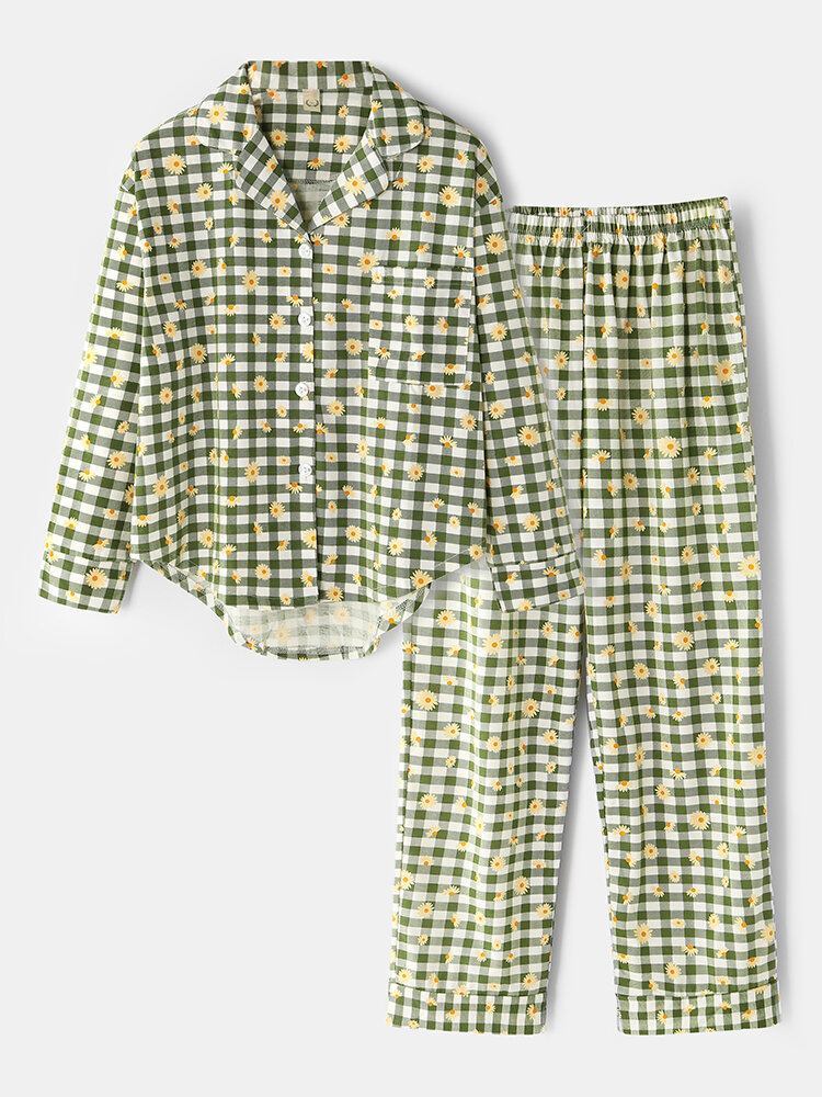 Dame Plaid Blomsterprint Revere Krave Skjorte Elastisk Talje Løs Lomme Bukser Pyjamas Sæt