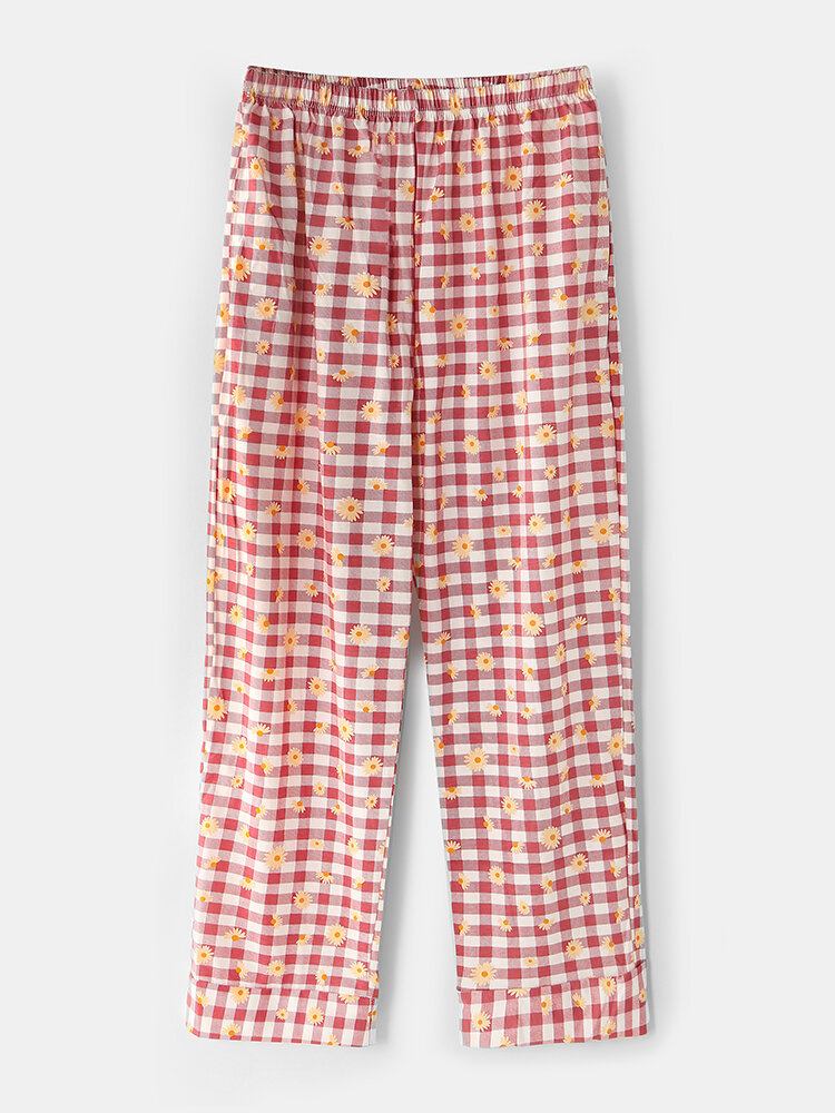 Dame Plaid Blomsterprint Revere Krave Skjorte Elastisk Talje Løs Lomme Bukser Pyjamas Sæt