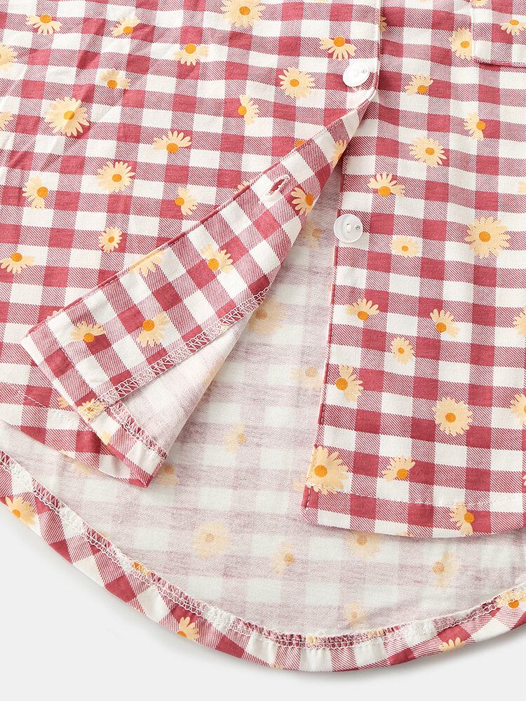 Dame Plaid Blomsterprint Revere Krave Skjorte Elastisk Talje Løs Lomme Bukser Pyjamas Sæt