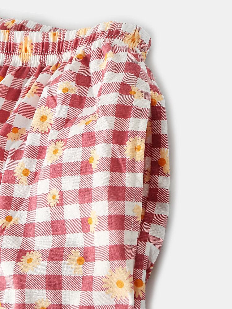 Dame Plaid Blomsterprint Revere Krave Skjorte Elastisk Talje Løs Lomme Bukser Pyjamas Sæt