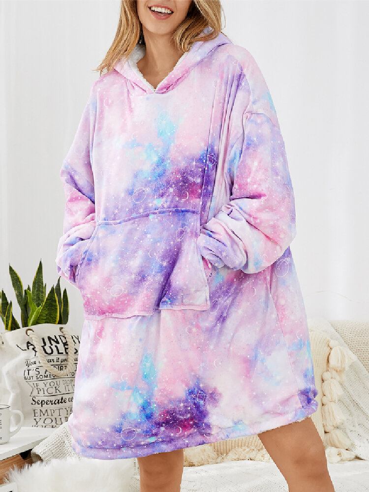 Dame Stjernehimmel Print Oversized Tykt Vendbart Tæppe Hættetrøje Komfortabelt Hjemmetøj Med Lomme