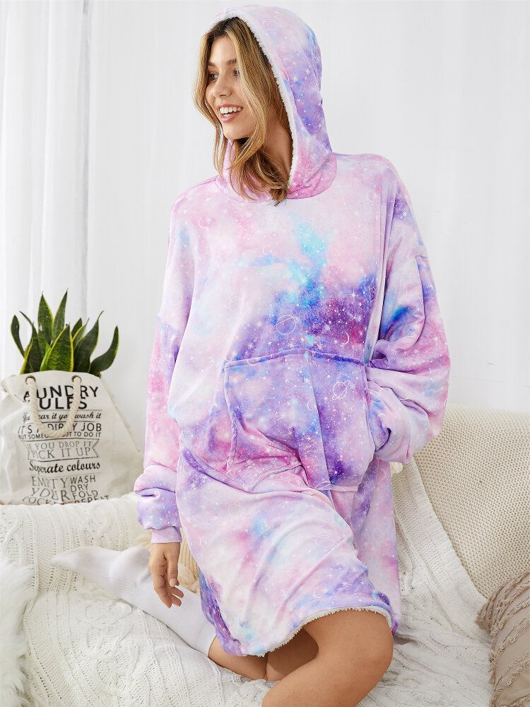 Dame Stjernehimmel Print Oversized Tykt Vendbart Tæppe Hættetrøje Komfortabelt Hjemmetøj Med Lomme