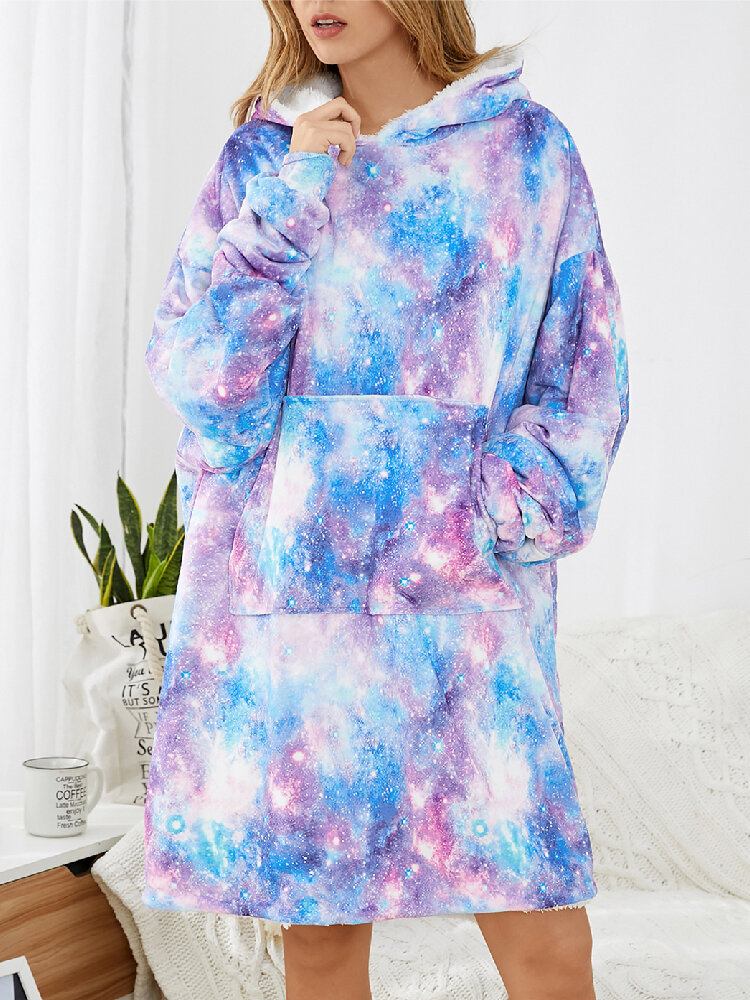 Damedesign Starry Sky Tie Dye Print Oversized Vendbar Homewear Fleeceforet Vendbart Tæppe Hættetrøje Med Lommelomme