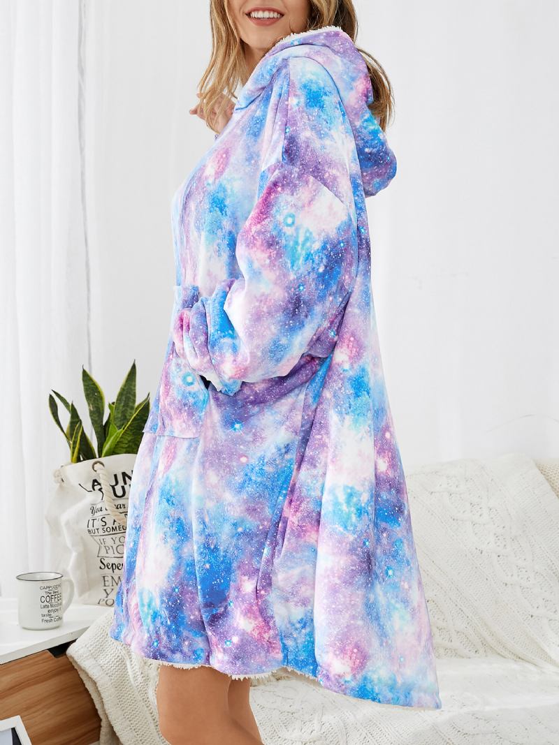 Damedesign Starry Sky Tie Dye Print Oversized Vendbar Homewear Fleeceforet Vendbart Tæppe Hættetrøje Med Lommelomme